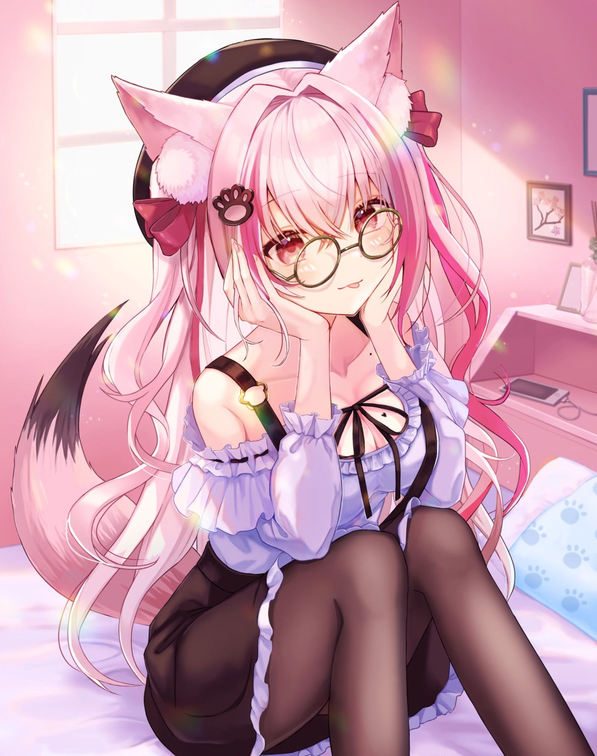 animal_ears, cleavage, kuon_ch., megane, ookami_kuon, pantyhose, rik, skirt_lift, tail
