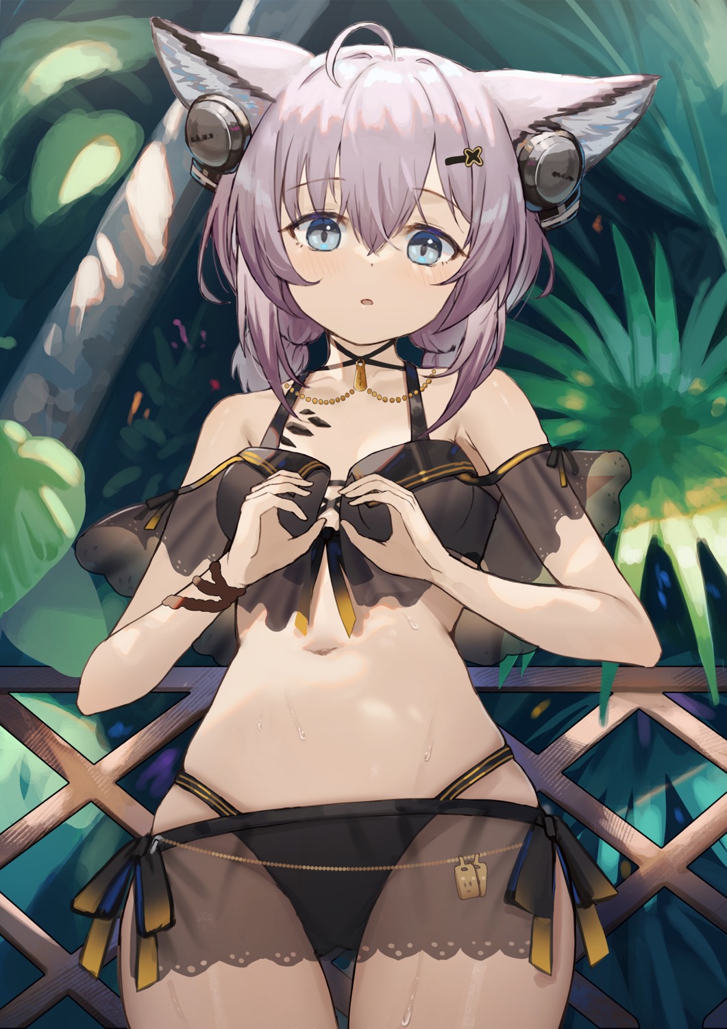 aer7o, animal_ears, arknights, bikini, headphones, see_through, sussurro_(arknights), swimsuits, wet