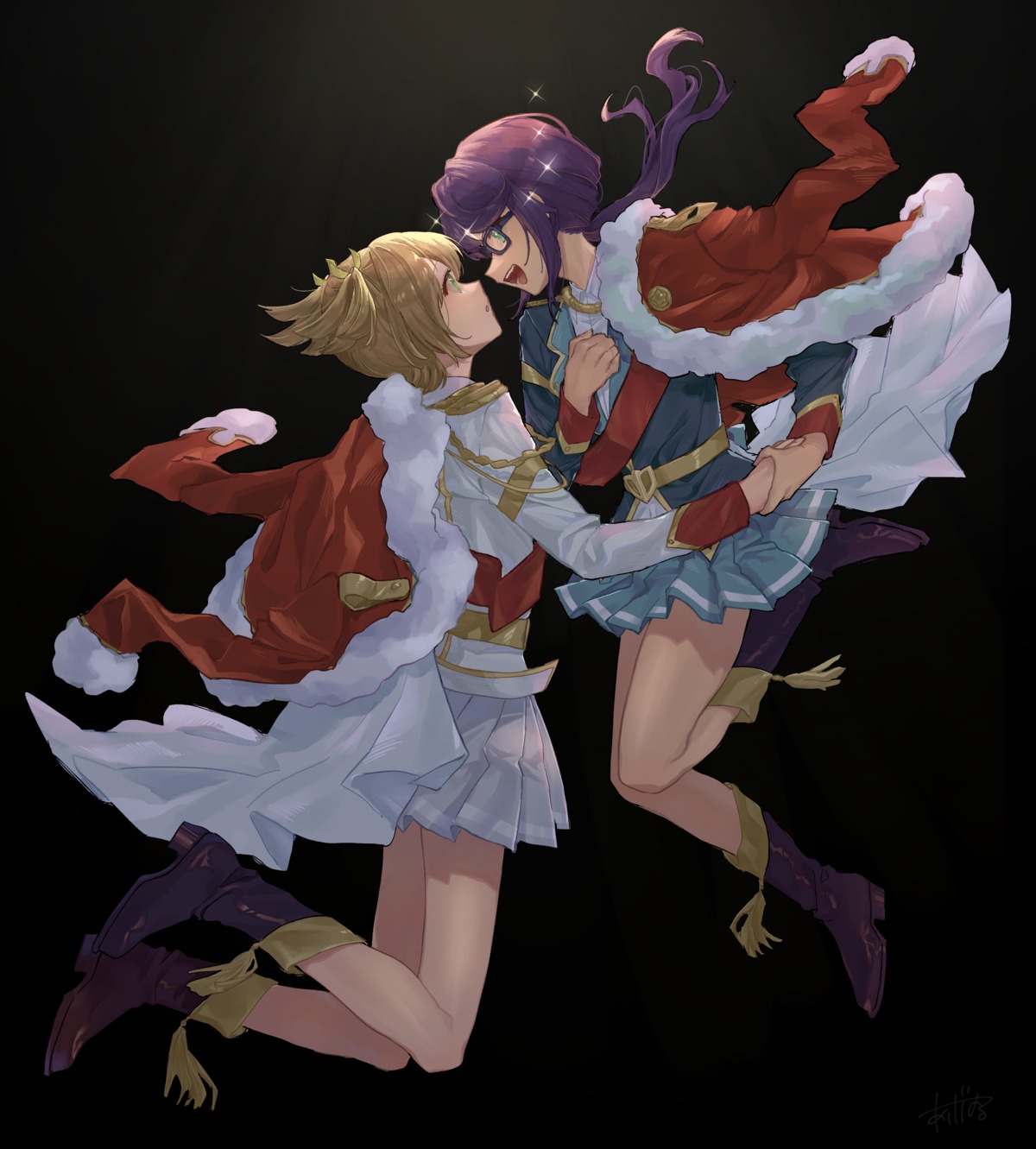 ageharuuu, daiba_nana, heels, hoshimi_junna, megane, shoujo_kageki_revue_starlight, skirt_lift, uniform, yuri