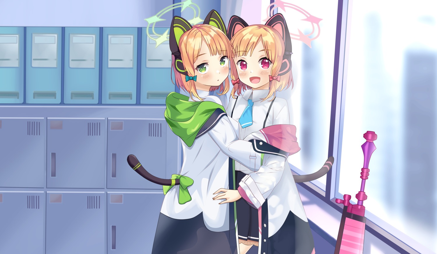 achmad_faisal, animal_ears, blue_archive, halo, headphones, nekomimi, saiba_midori, saiba_momoi, seifuku, tail