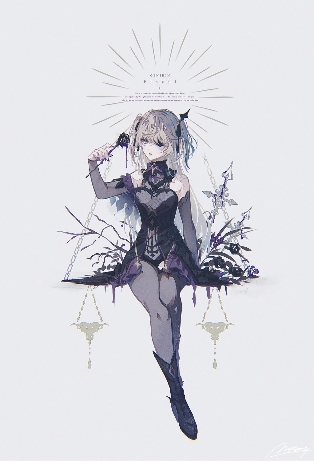 eyepatch, fischl, fishnets, genshin_impact, leotard, mokoppe, thighhighs