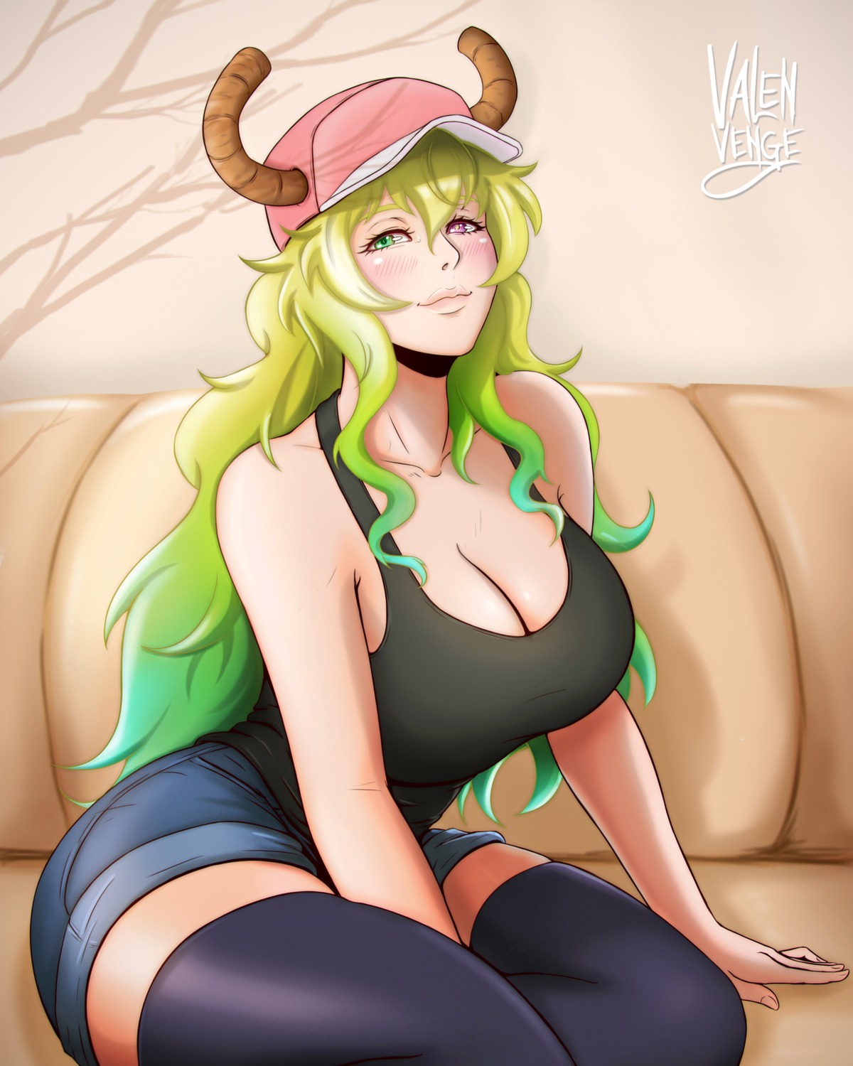 heterochromia, horns, kobayashi-san_chi_no_maidragon, no_bra, quetzalcoatl_(maidragon), thighhighs, valenvenge