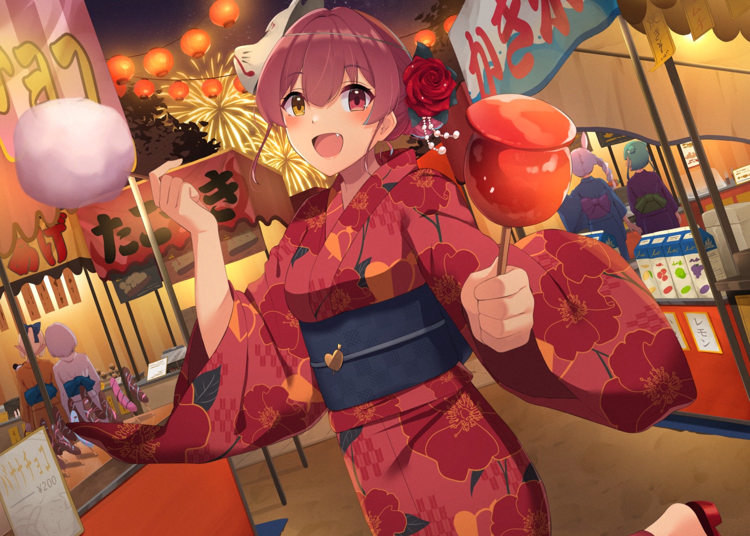animal_ears, bunny_ears, elf, heterochromia, hololive, houshou_marine, mugino0515, pointy_ears, shiranui_flare, shirogane_noel, uruha_rushia, usada_pekora, yukata