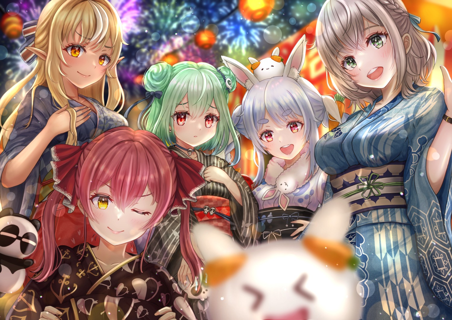 animal_ears, bunny_ears, elf, hololive, houshou_marine, nori_55512, pointy_ears, shiranui_flare, shirogane_noel, uruha_rushia, usada_pekora, yukata