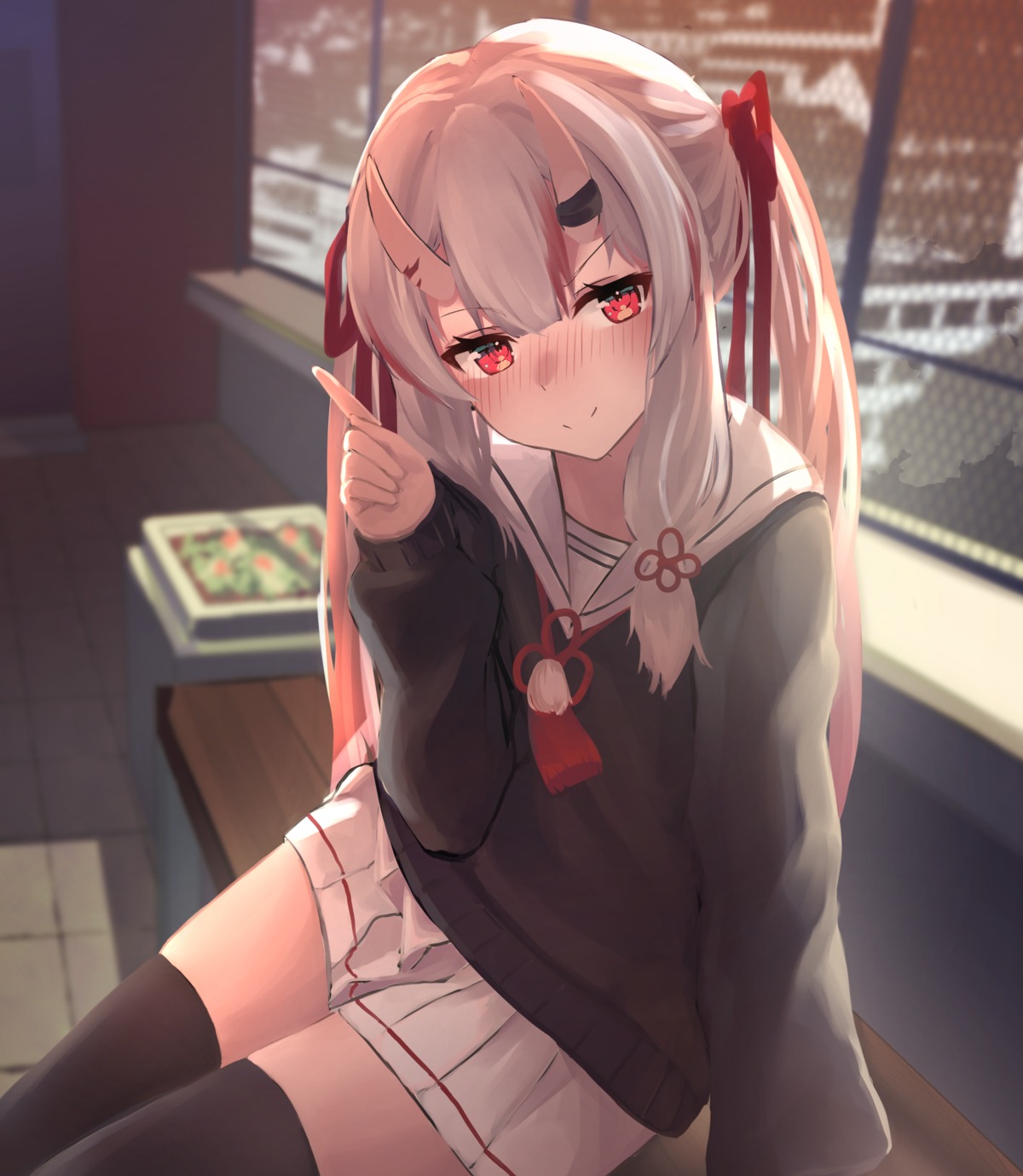 hololive, horns, inaba_teitoku, nakiri_ayame, seifuku, skirt_lift, sweater, thighhighs