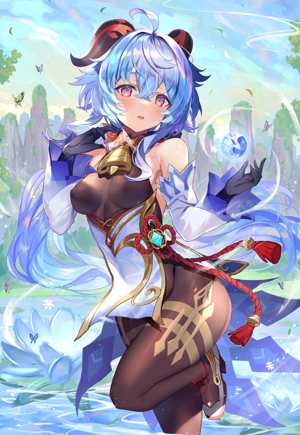 abusoru, asian_clothes, erect_nipples, ganyu, genshin_impact, heels, horns, no_bra