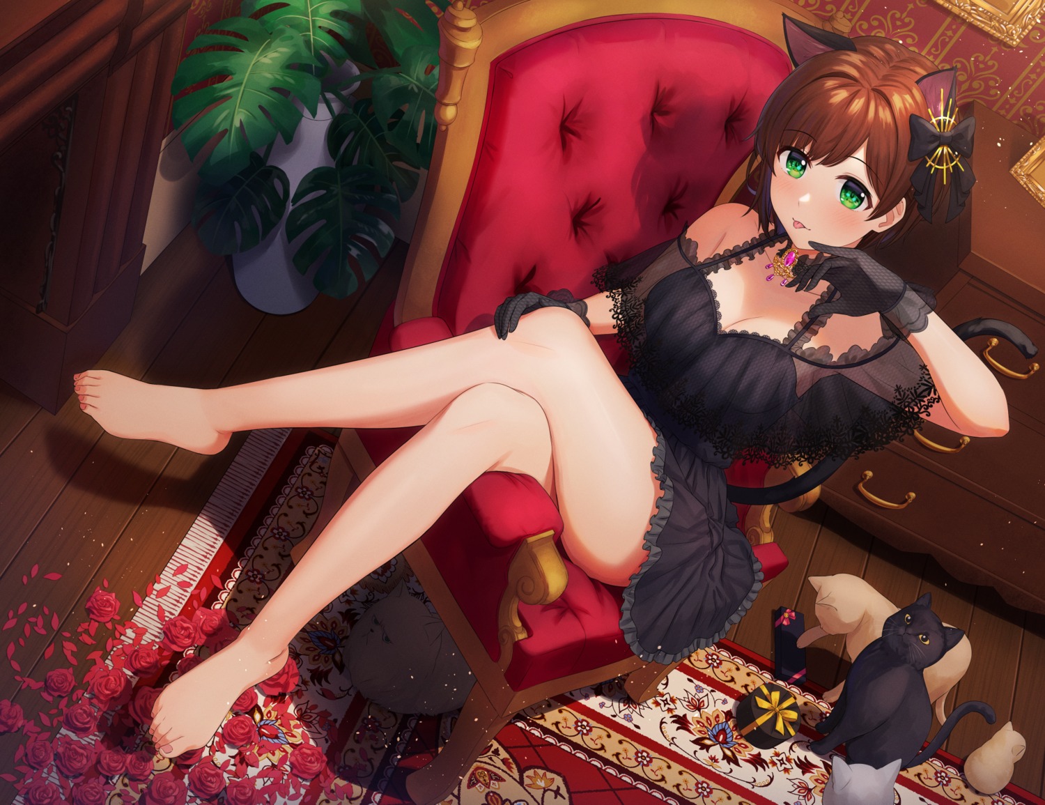 animal_ears, cleavage, dress, feet, kurageso, maekawa_miku, neko, nekomimi