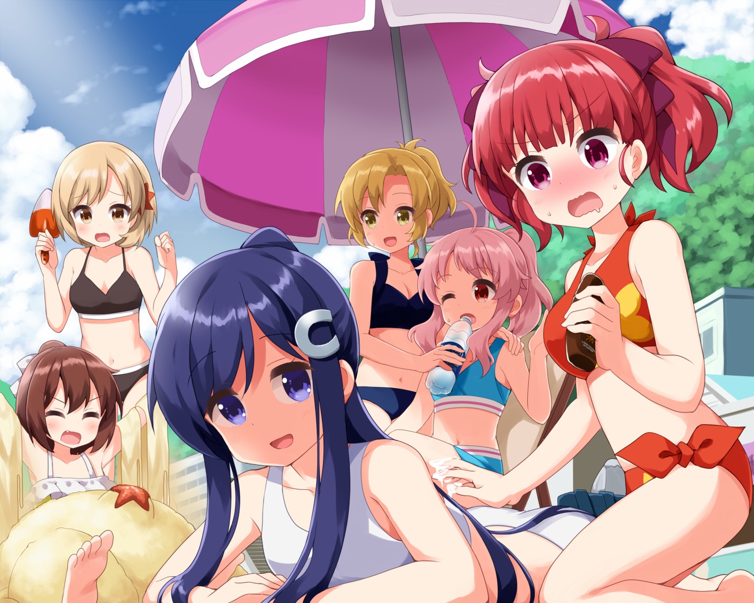 akitsune_kon, anima_yell!, arima_hizume, bikini, cleavage, cream, hatoya_kohane, ruu_(tksymkw), sawatari_uki, swimsuits, tatejima_kotetsu, ushiku_kana