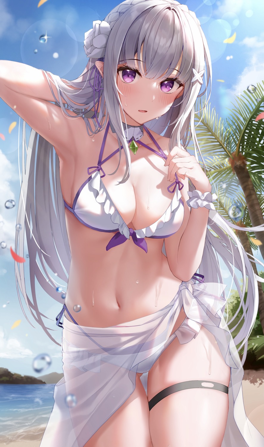 bikini, elf, emilia_(re_zero), garter, pointy_ears, re:zero_kara_hajimeru_isekai_seikatsu, see_through, shiranui_(nisioisin_sinob), swimsuits