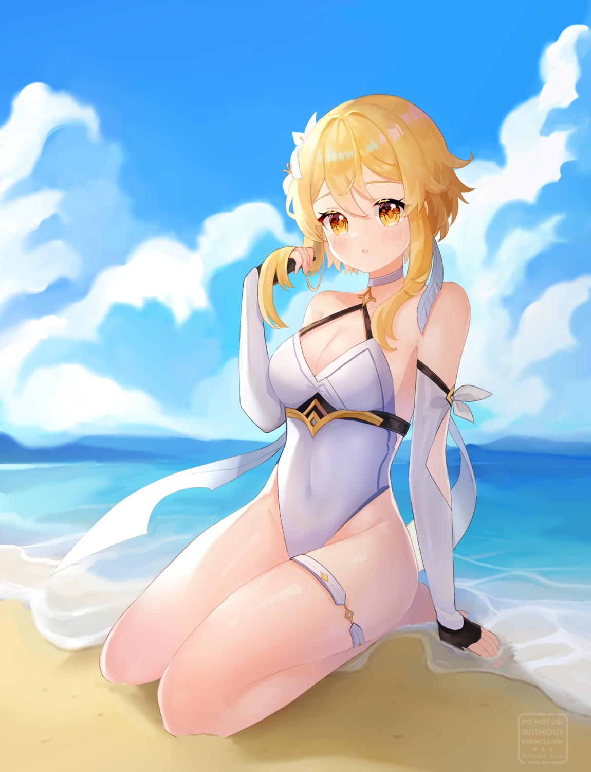 garter, genshin_impact, lumine, miyako_draw, swimsuits