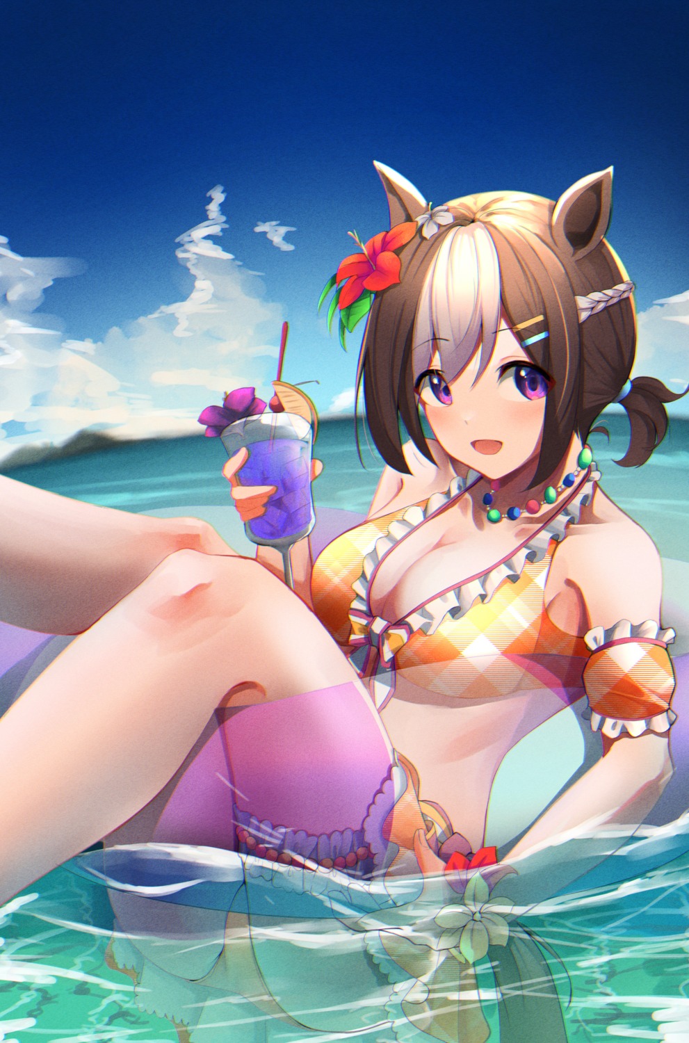 akinoji_(akiponpon27), animal_ears, bikini, cleavage, garter, skirt_lift, special_week_(umamusume), swimsuits