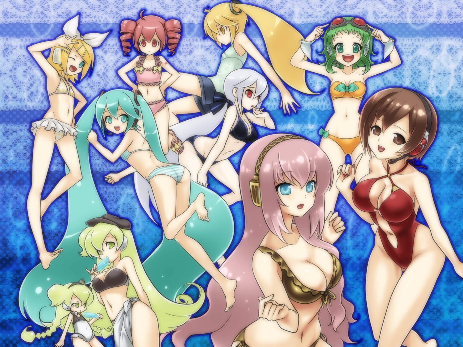 akita_neru, bikini, cleavage, gumi, hatsune_miku, kagamine_rin, kasane_teto, macne_nana, megurine_luka, meiko, oumi_sanaka, swimsuits, utau, vocaloid, wallpaper, yowane_haku