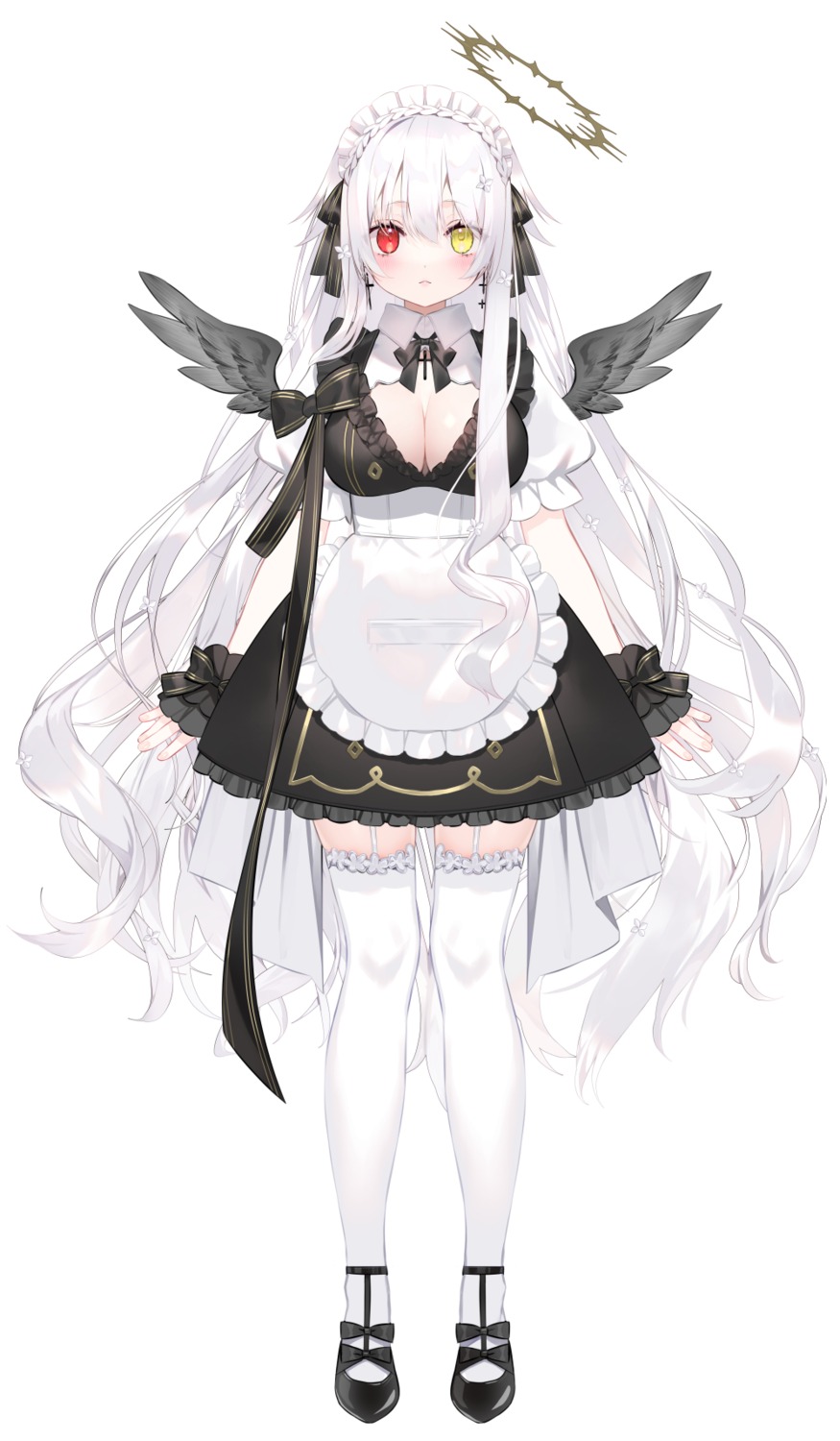 angel, asagi_yuna, cleavage, heterochromia, maid, no_bra, stockings, thighhighs