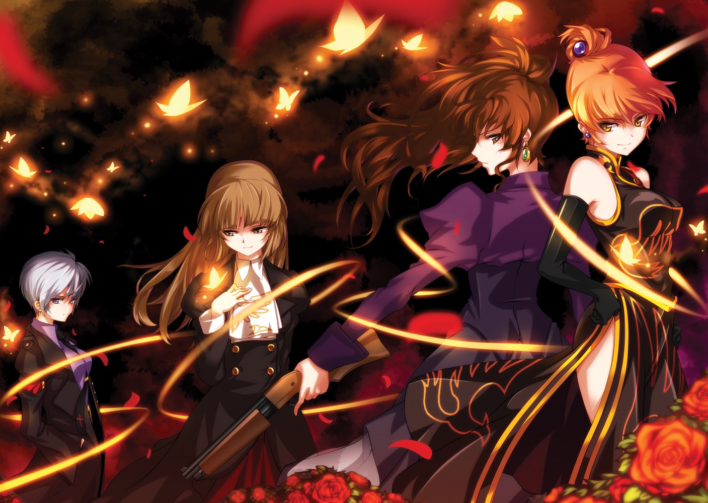 chinadress, dress, gun, hong, umineko_no_naku_koro_ni, ushiromiya_eva, ushiromiya_kyrie, ushiromiya_natsuhi, ushiromiya_rosa