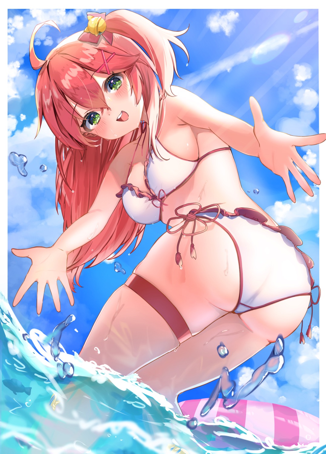 amefukura_art, ass, bikini, garter, hololive, sakura_miko, swimsuits, wet