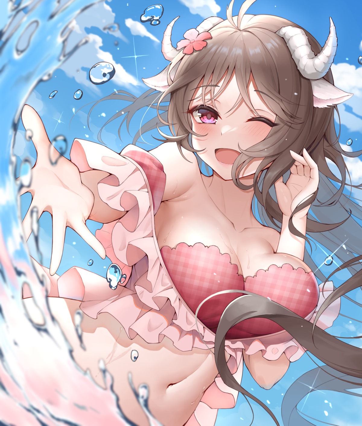 animal_ears, arknights, bikini_top, eyjafjalla_(arknights), hongye_feixue, horns, open_shirt, swimsuits