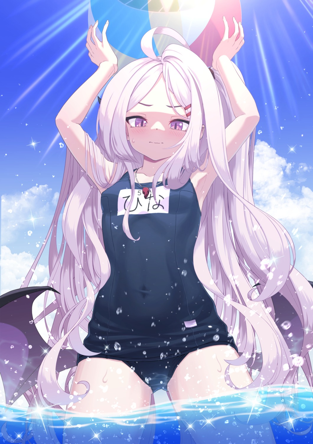blue_archive, devil, horns, kido_airaku, school_swimsuit, sorasaki_hina, swimsuits, wet, wings