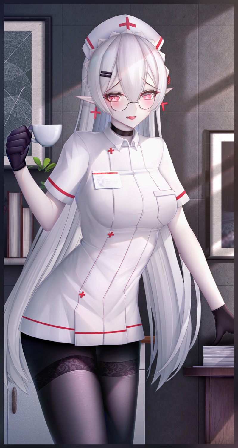 arknights, megane, nurse, pantyhose, pointy_ears, warfarin_(arknights), zhixue
