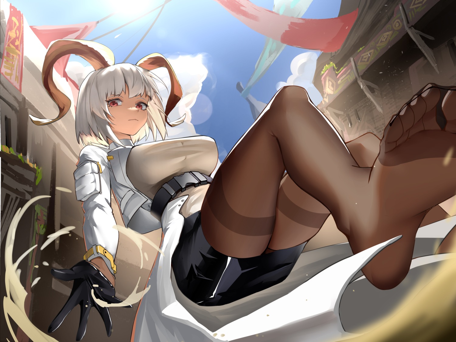 arknights, carnelian_(arknights), feet, horns, pantyhose, uniform, yog_(1598125441)