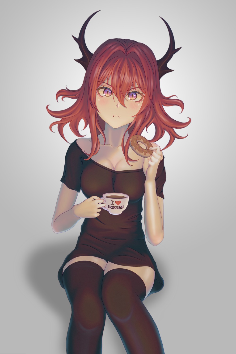 absurd_fox, arknights, cleavage, dress, horns, no_bra, surtr_(arknights), thighhighs