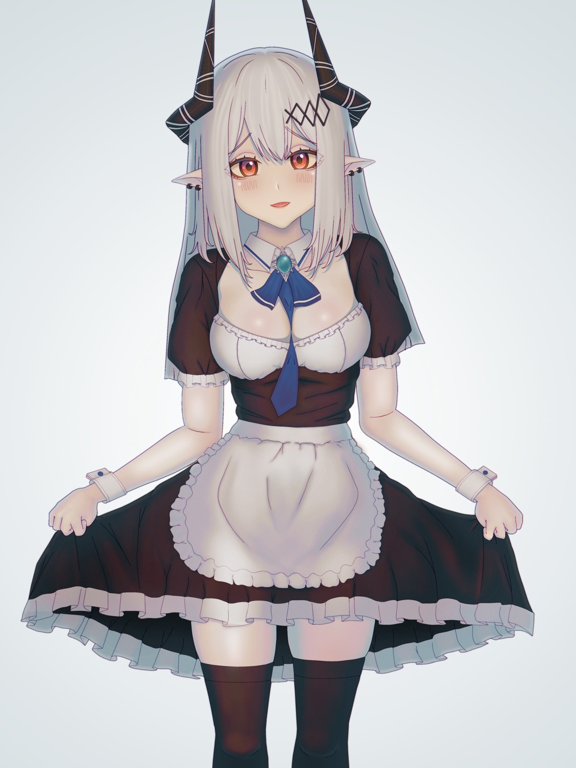 absurd_fox, arknights, cleavage, horns, maid, mudrock_(arknights), pointy_ears, skirt_lift