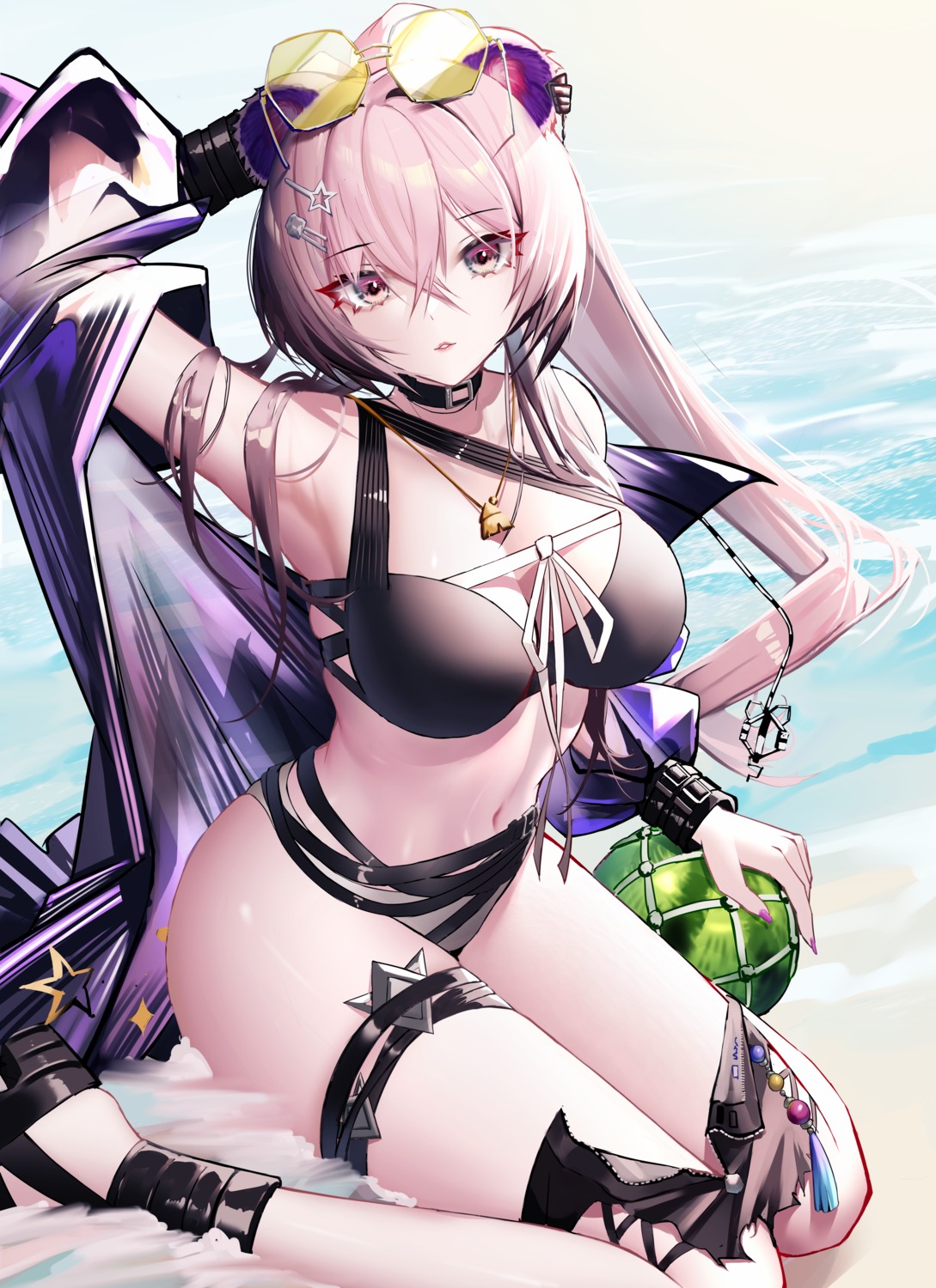arknights, bikini, garter, heels, lin_yuhsia_(arknights), megane, open_shirt, rib_(rib_delesetong)