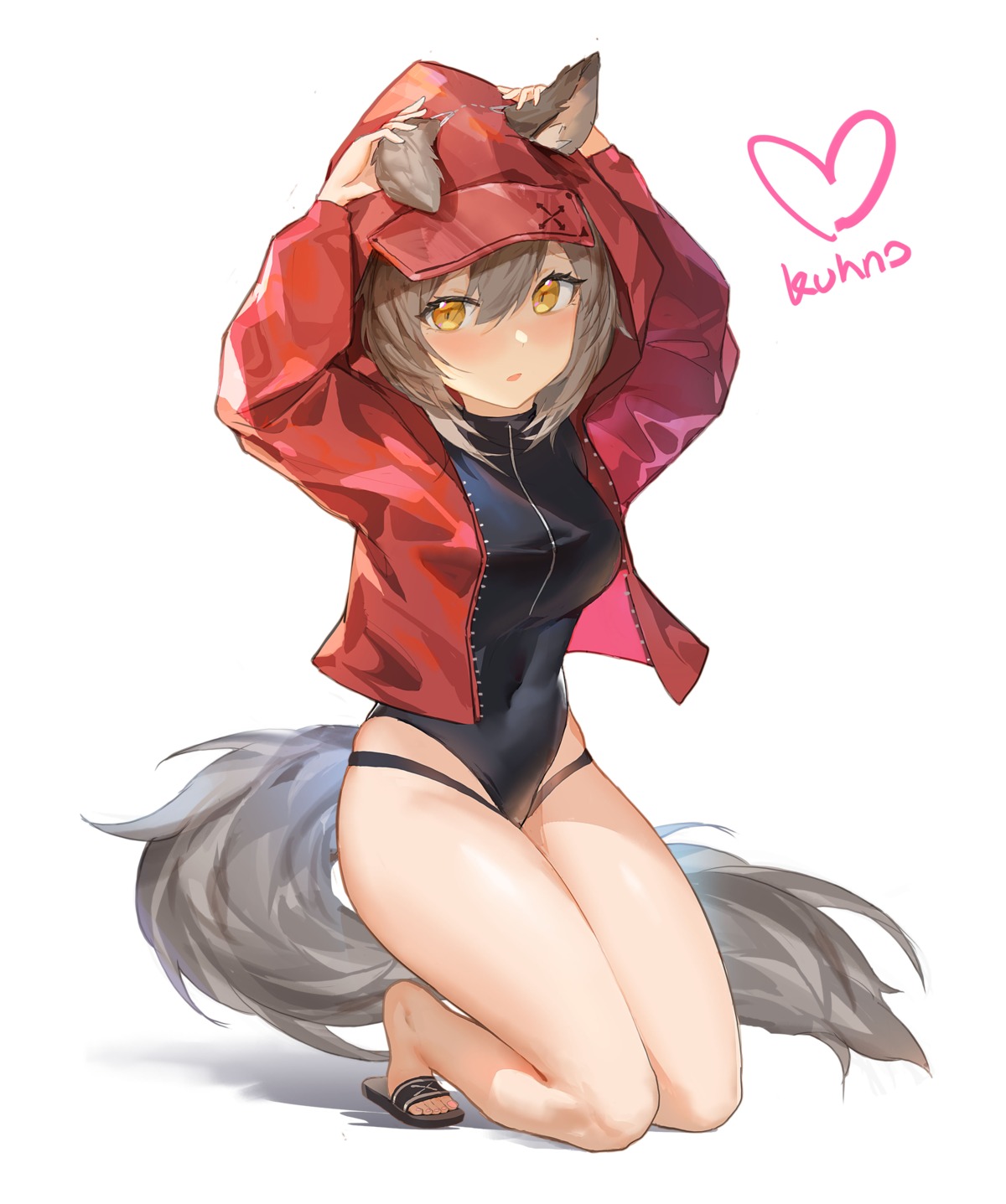 animal_ears, arknights, kuhnowushi, open_shirt, projekt_red_(arknights), swimsuits, tail