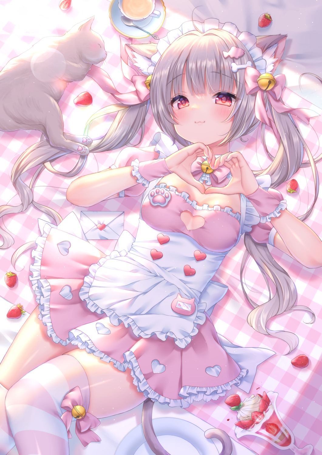 animal_ears, maid, neko, nekomimi, no_bra, tail, thighhighs, yuyuko_(yuyucocco)