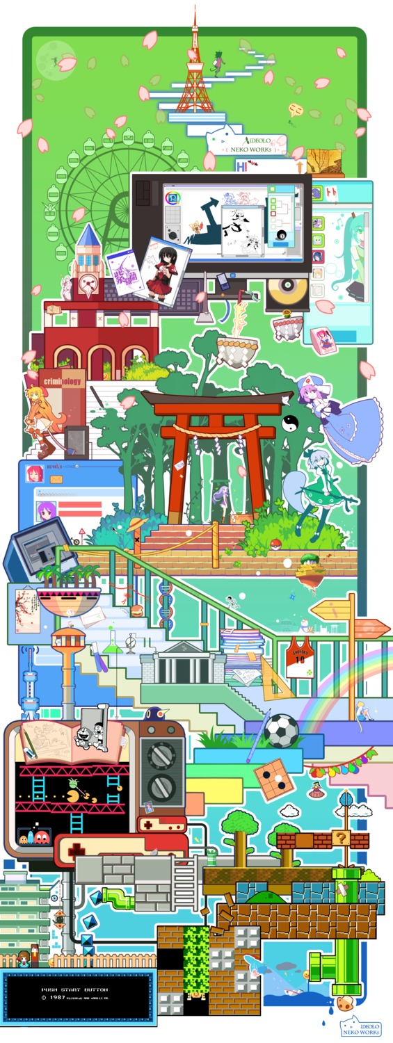 akiyama_mio, battle_city, bishoujo_senshi_sailor_moon, crossover, disgaea, doraemon, doraemon_(character), dragon_ball, dress, hatsune_miku, ideolo, inubashiri_momiji, k-on!, kannagi_crazy_shrine_maidens, kohaku, konpaku_youmu, lily_white, mario_bros., melty_blood, nagi, namco, nobi_nobita, one_piece, onozuka_komachi, pacman, pokemon, s1, saigyouji_yuyuko, seifuku, shameimaru_aya, touhou, tsukihime, tsukino_usagi, ultraman, vocaloid
