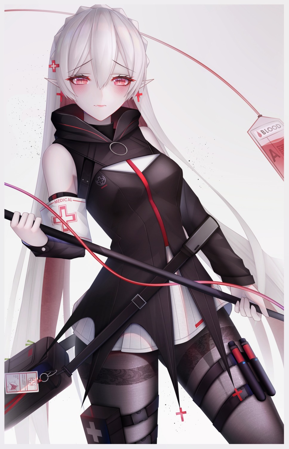 arknights, garter, pantyhose, pointy_ears, warfarin_(arknights), weapon, zhixue