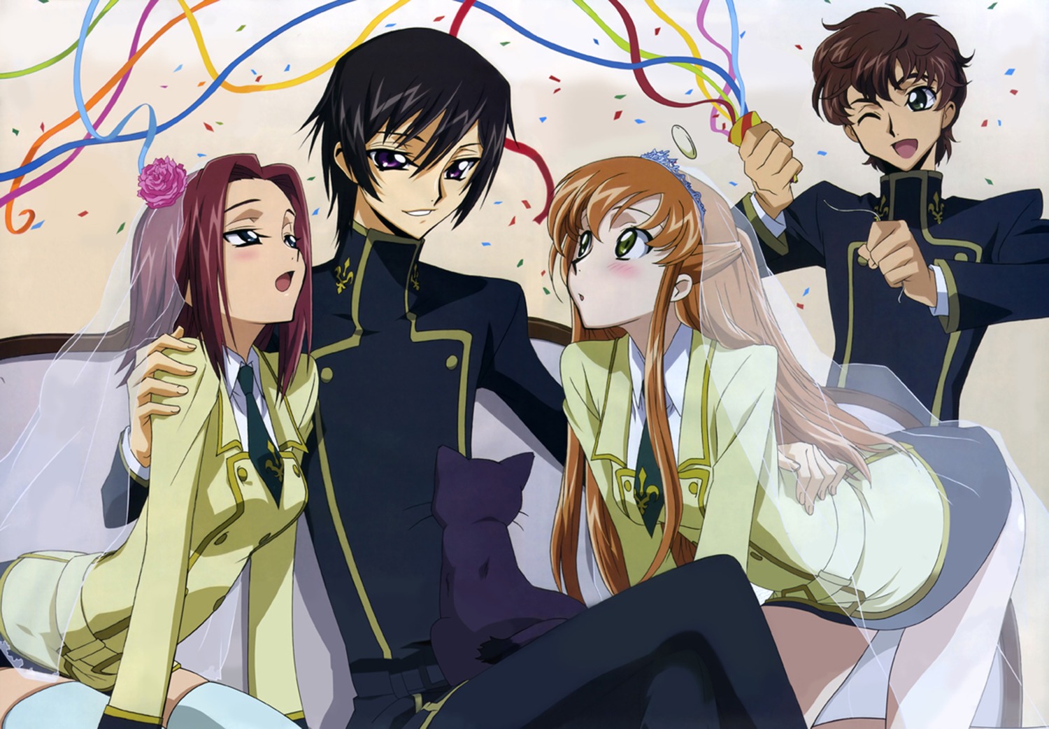 arthur_(code_geass), code_geass, kallen_stadtfeld, kururugi_suzaku, lelouch_lamperouge, neko, seifuku, shingou_yasushi
