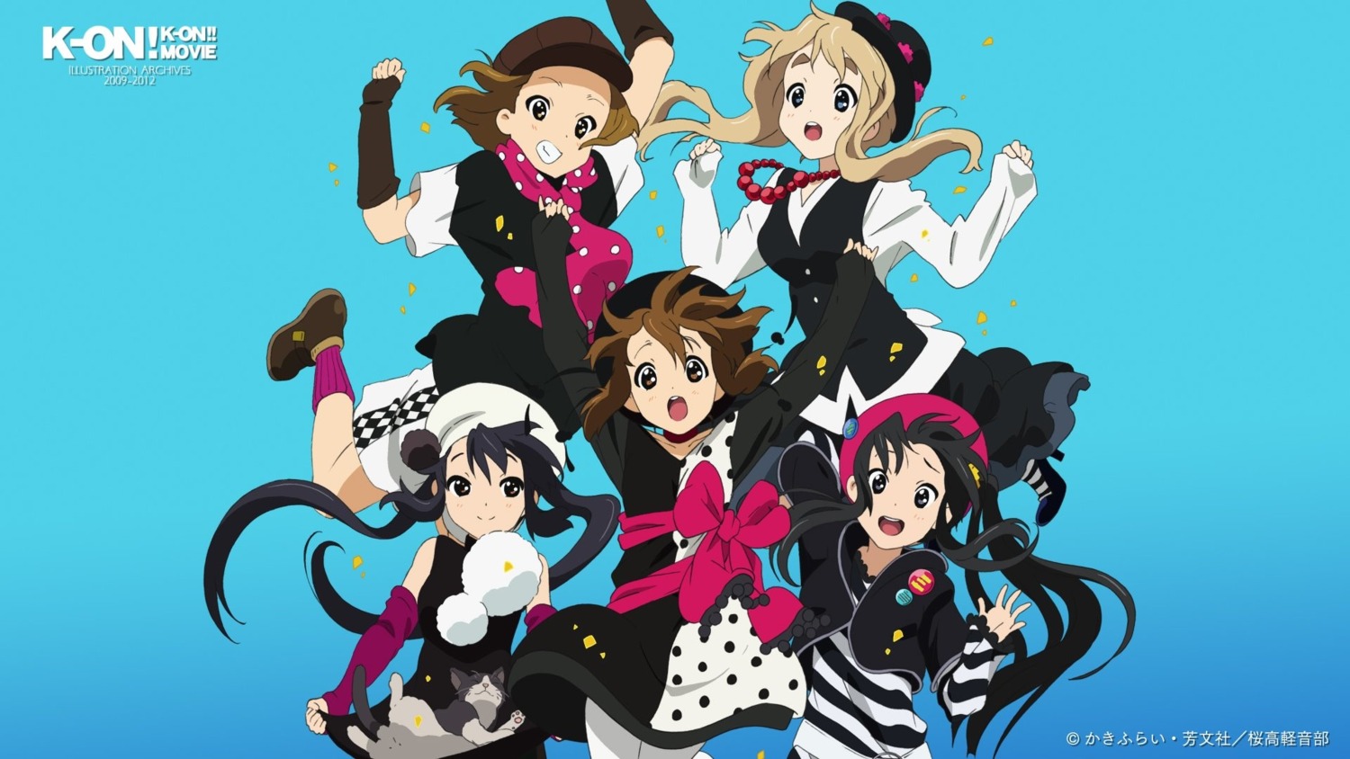 akiyama_mio, dress, hirasawa_yui, k-on!, kotobuki_tsumugi, nakano_azusa, nakano_emiko, neko