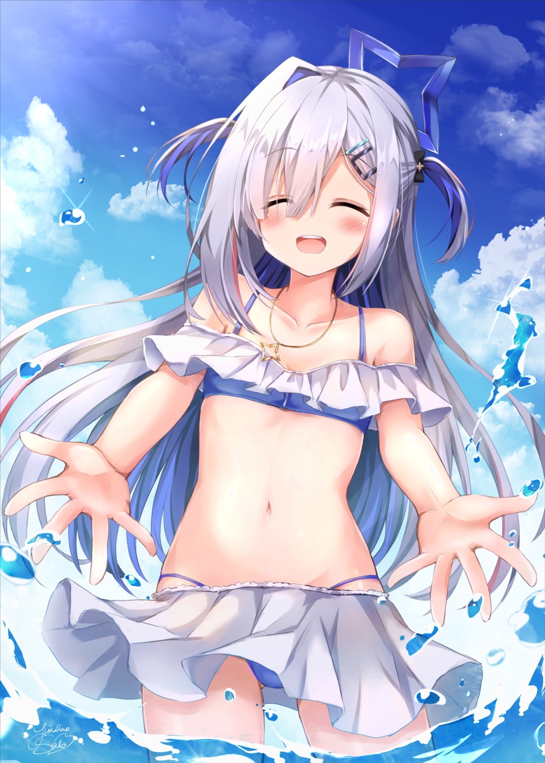 amane_kanata, bikini, cleavage, halo, hololive, skirt_lift, swimsuits, wet