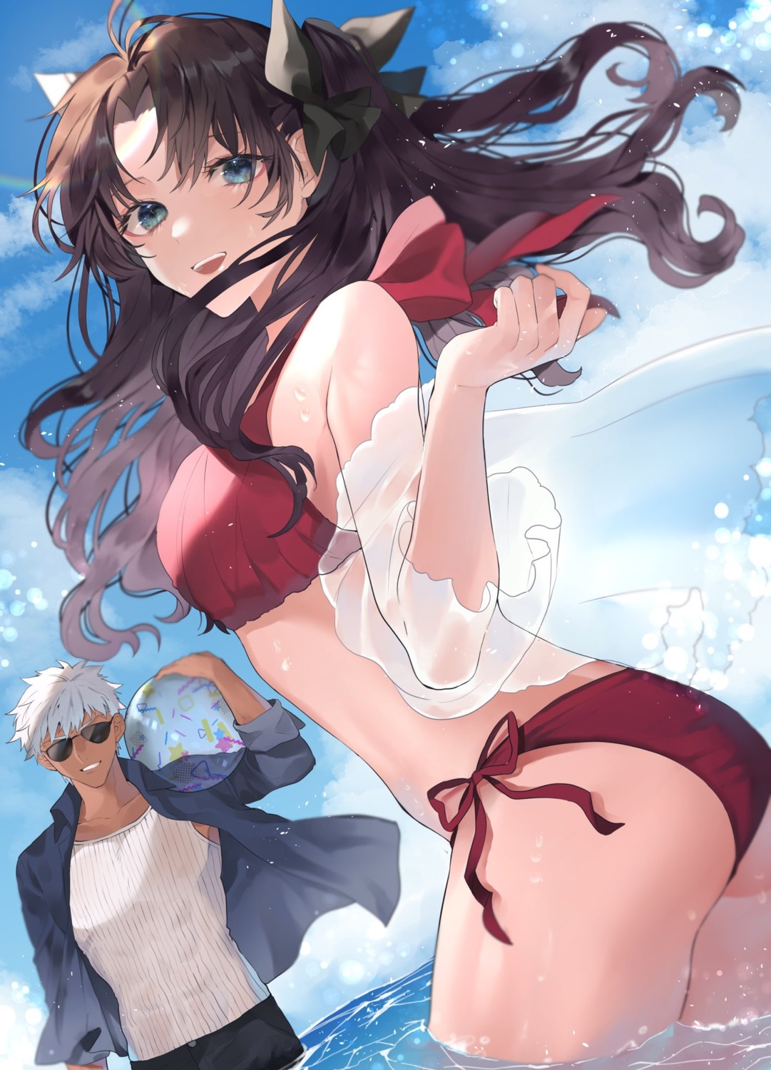 archer, ass, bikini, fate/stay_night, megane, open_shirt, see_through, shimatori_(sanyyyy)