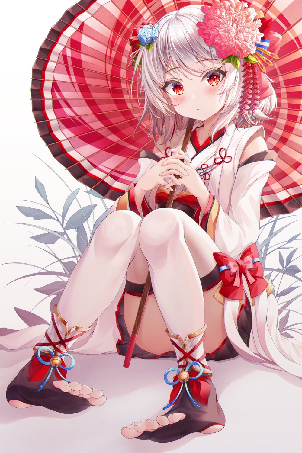 feet, ichizon, japanese_clothes, skirt_lift, thighhighs, umbrella