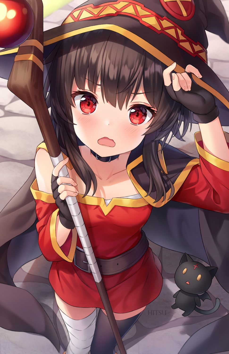 bandages, chomusuke, dress, hitsukuya, kono_subarashii_sekai_ni_shukufuku_wo!, megumin, neko, no_bra