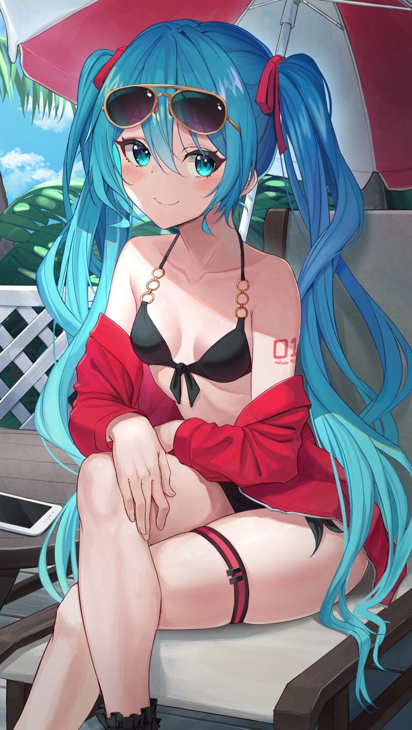 bibboss39, bikini, garter, hatsune_miku, megane, open_shirt, swimsuits, tattoo