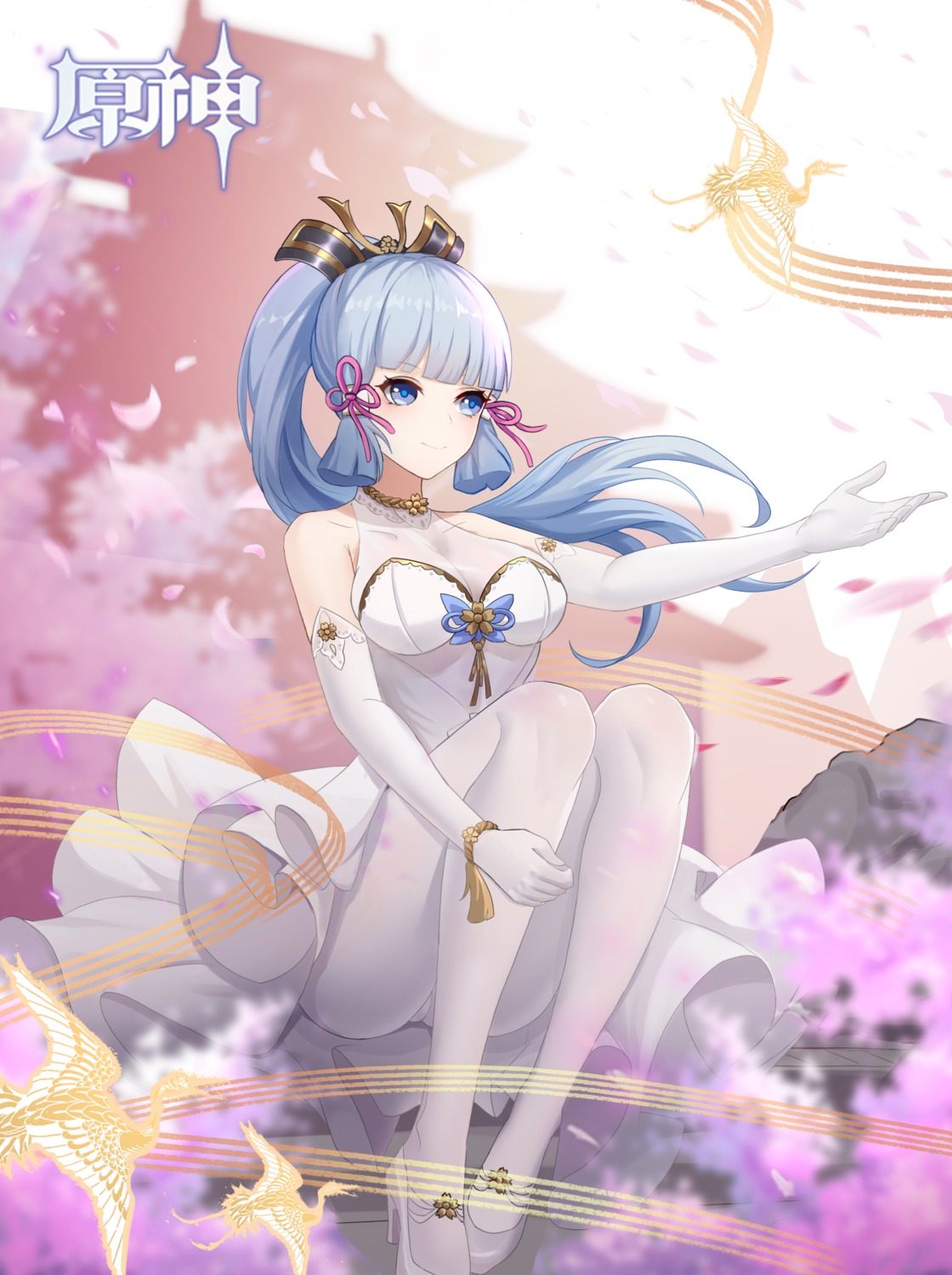 dress, genshin_impact, heels, kamisato_ayaka, moyude_wangzi_jiang, no_bra, pantyhose, see_through