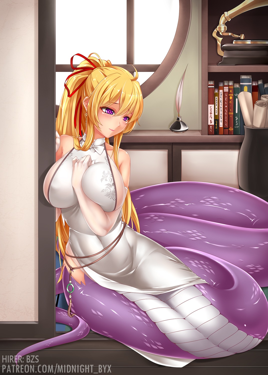 breast_hold, chinadress, midnight, monster_girl, no_bra, tail