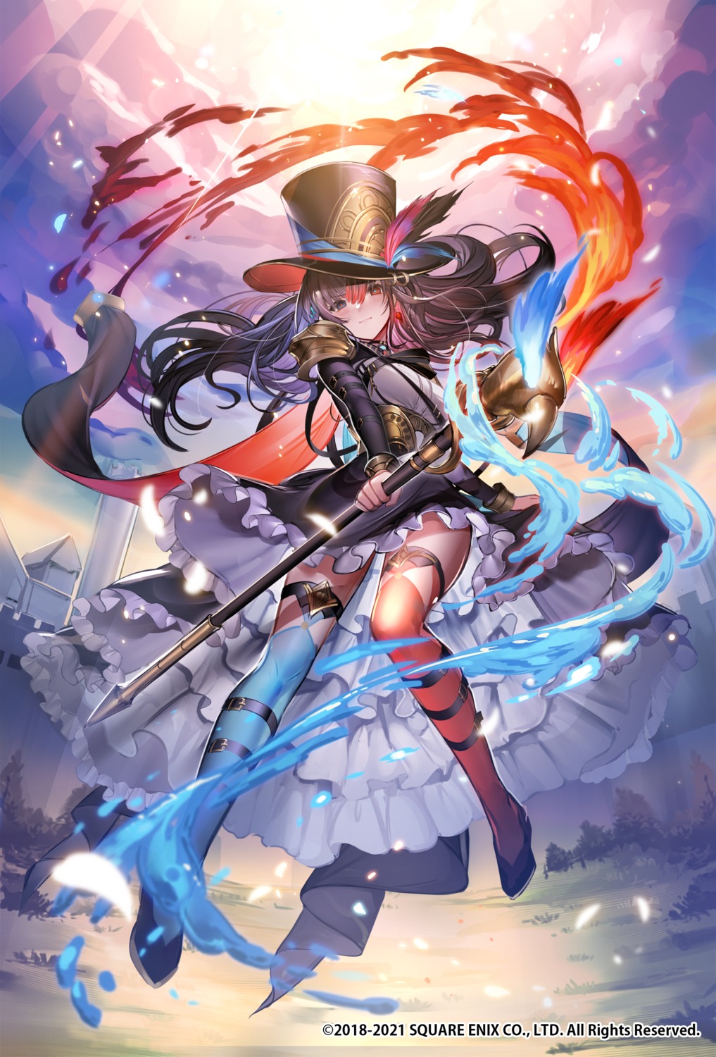 hanusu, heterochromia, romancing_saga_re;universe, skirt_lift, square_enix, thighhighs, weapon