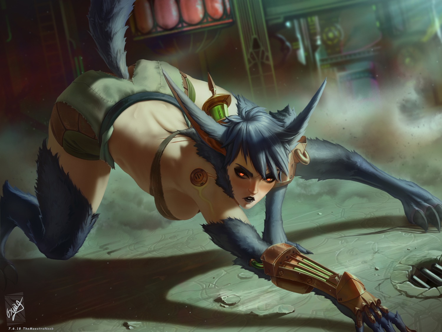 animal_ears, league_of_legends, monster_girl, no_bra, tail, themaestronoob, warwick_(league_of_legends)