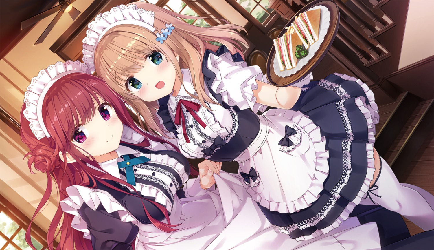 kimishima_ao, maid, momoi_saki, shirayuri_riko, skirt_lift, thighhighs, waitress