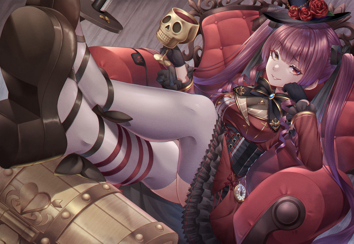 heterochromia, hololive, houshou_marine, lolita_fashion, noro_assumed, skirt_lift, thighhighs
