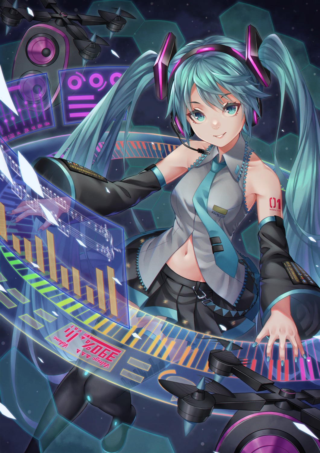 hatsune_miku, headphones, noro_assumed, tattoo, thighhighs, vocaloid