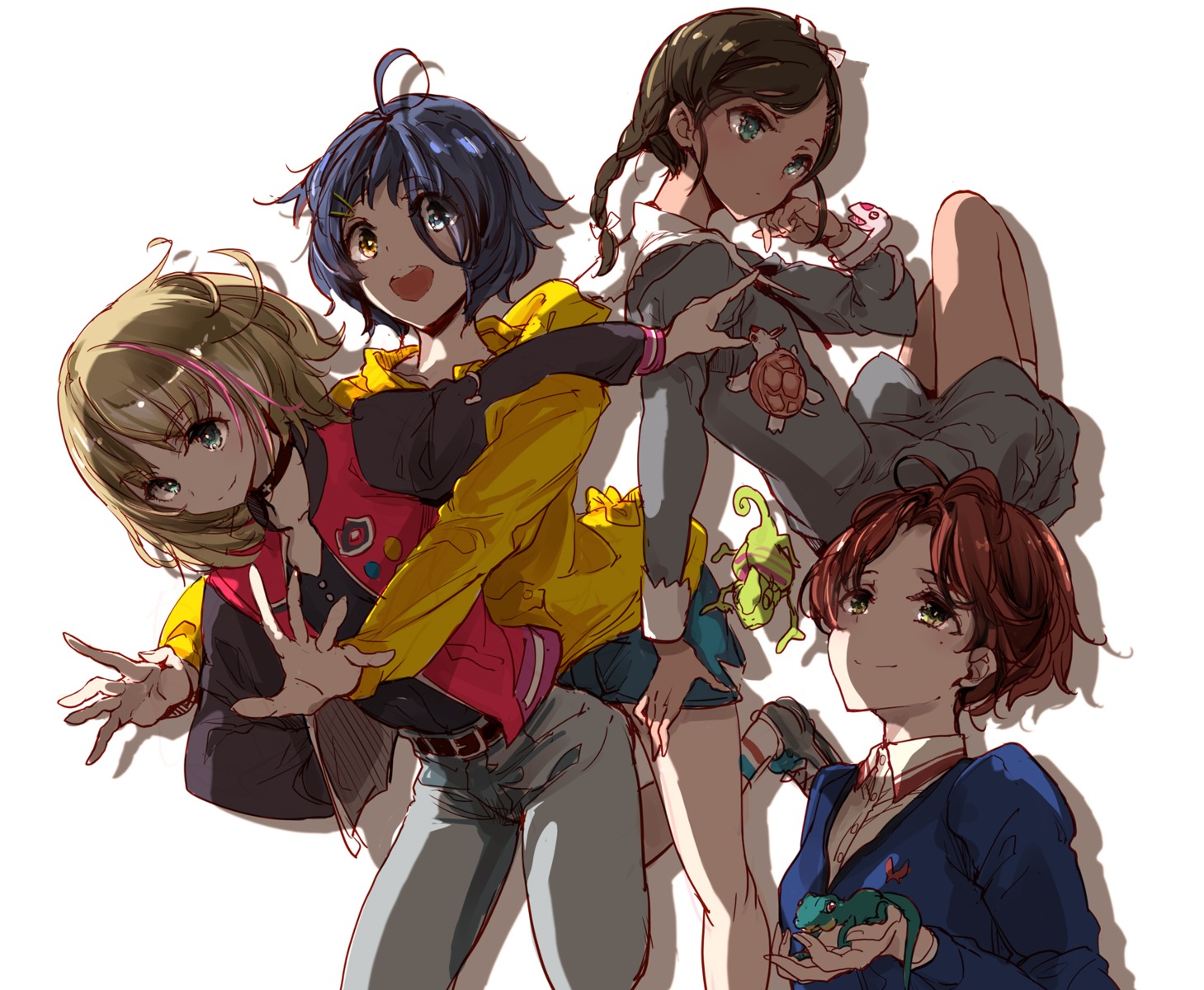 aonuma_neiru, dress, endou_okito, heterochromia, kawai_rika, ohto_ai, sawaki_momoe, skirt_lift