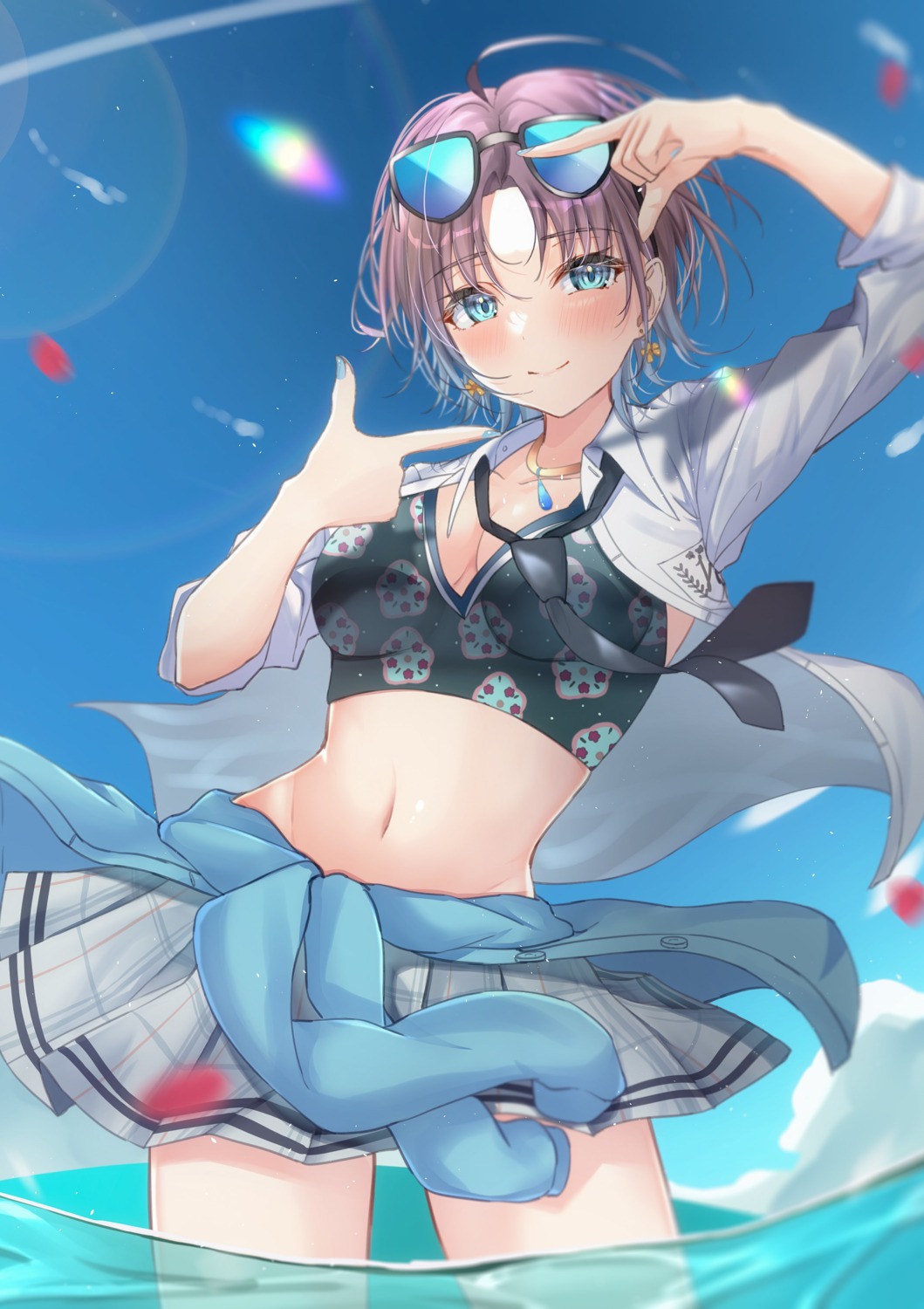asakura_tooru, bikini_top, cleavage, kunimine_yuzuki, megane, open_shirt, seifuku, skirt_lift