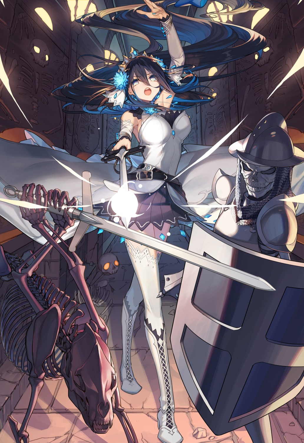free_life_fantasy_online_~jingai_hime-sama_hajimemashita~, heels, selenoring, skirt_lift, sword, thighhighs