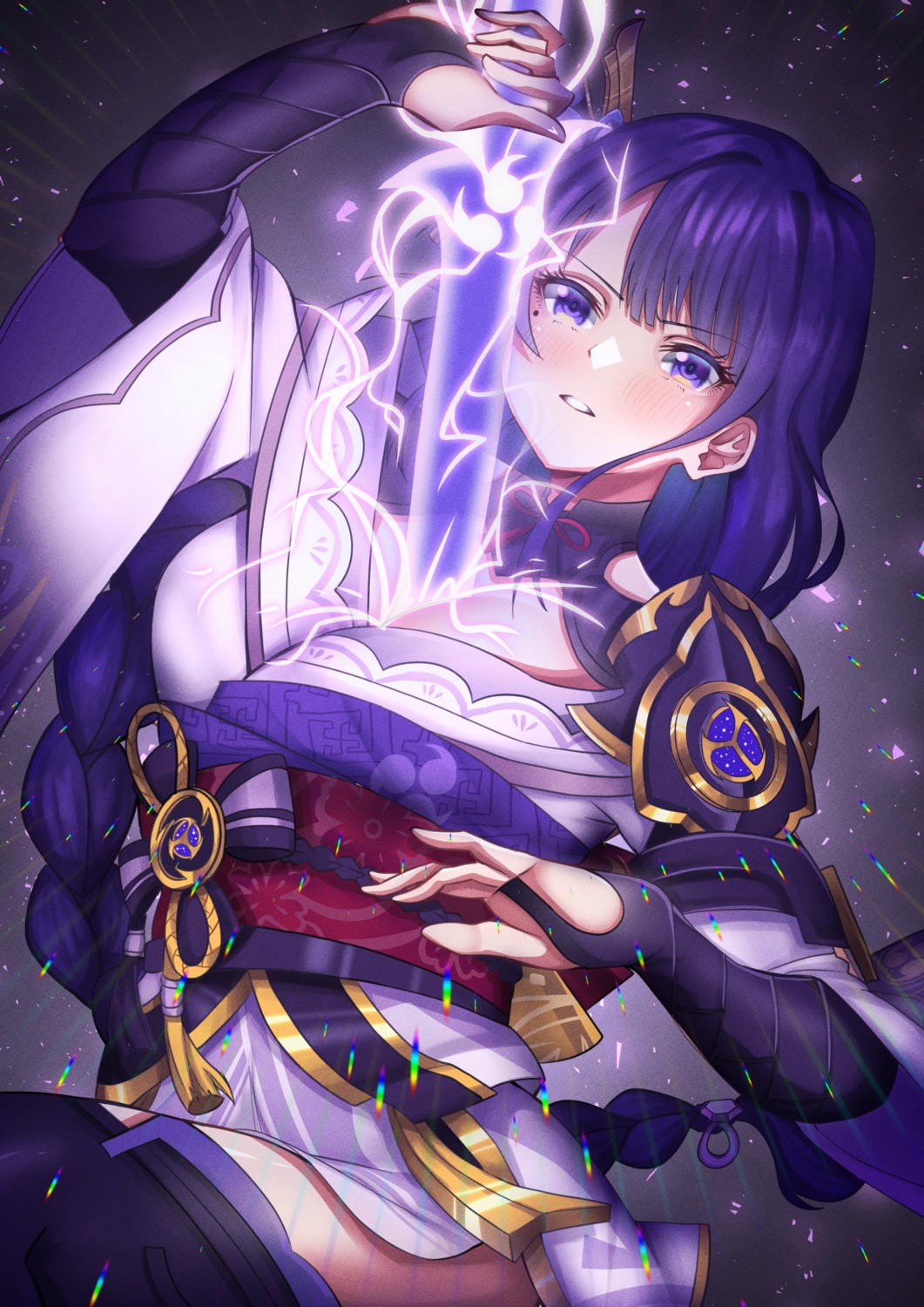 armor, genshin_impact, izzu, japanese_clothes, raiden_shogun, skirt_lift, sword, thighhighs