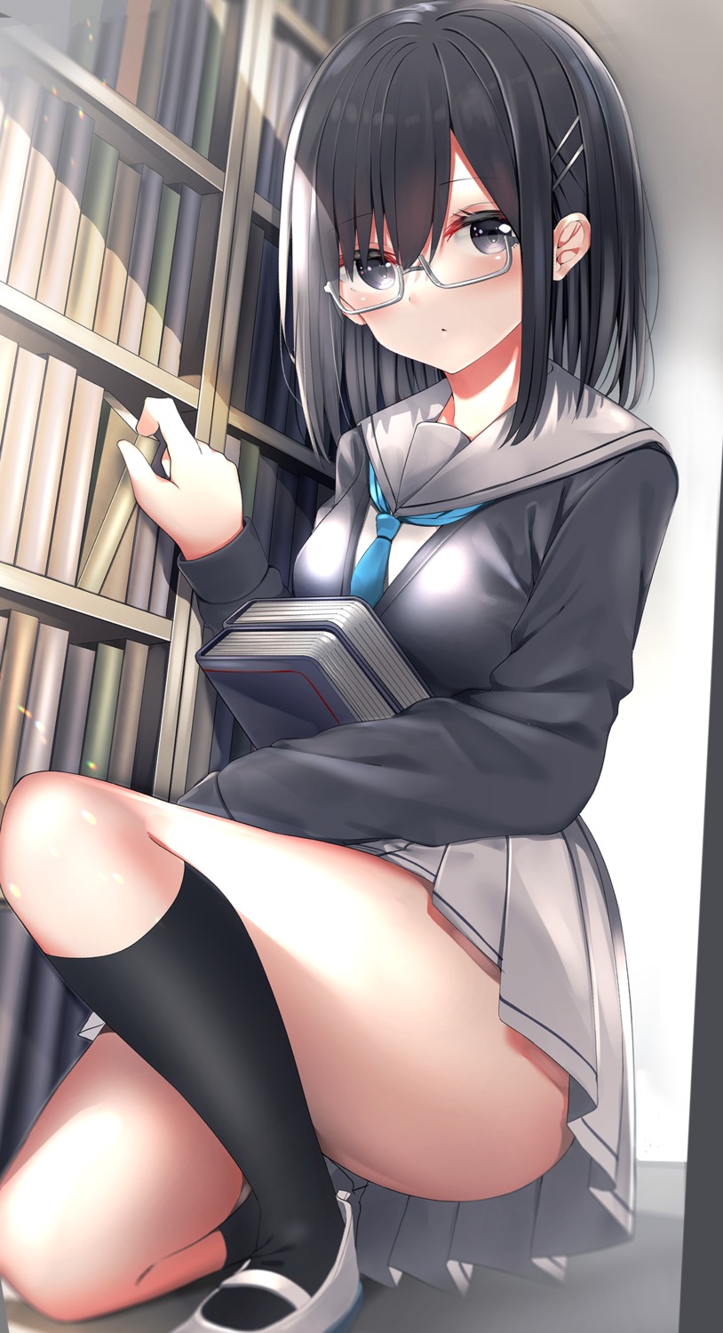 megane, neku_(neku_draw), seifuku, skirt_lift