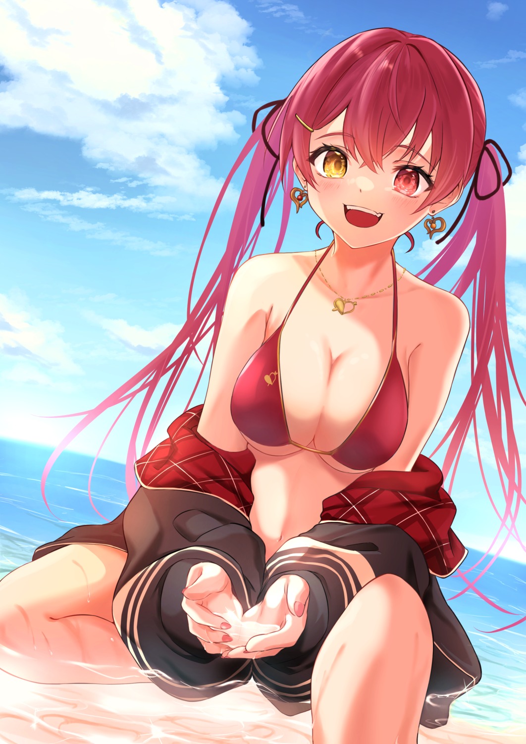 amaguri_(guri_0330), bikini_top, heterochromia, hololive, houshou_marine, open_shirt, swimsuits, wet